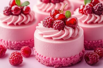 Delicate pink berry cakes adorned with fresh cherries and raspberries perfect for a sweet celebration Light pink background close-up view