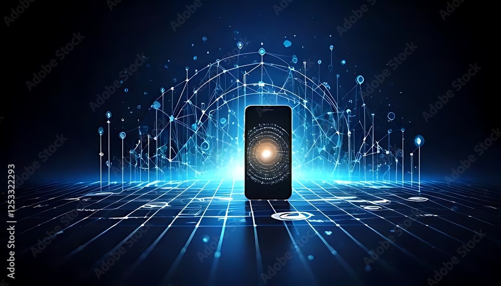 Poster cellphone displays network data over gridded landscape, symbolizing connection, technology and commu