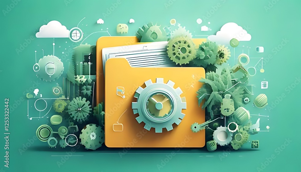 Aufkleber depicts data organization as folder automated with clock gear, and cloud connection icons.