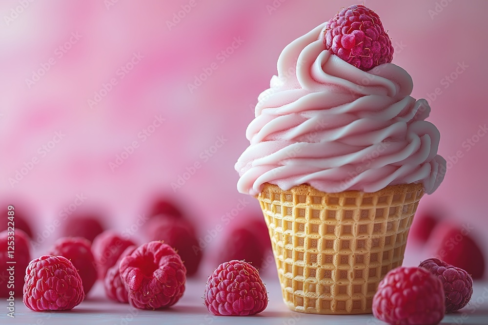 Poster raspberry dessert: creamy swirl in a cone topped with a fresh raspberry on a pink background with lo