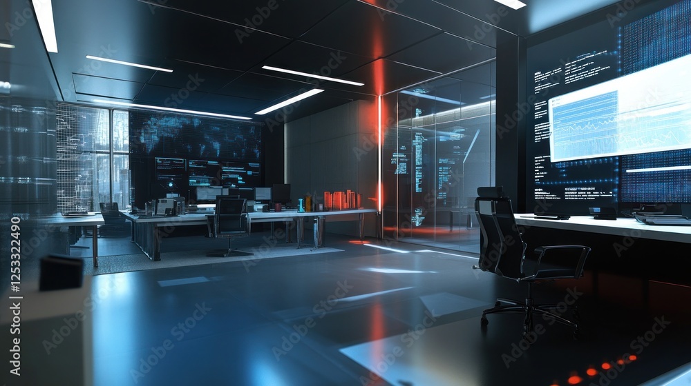 Poster modern data center control room with advanced monitoring technology and futuristic design