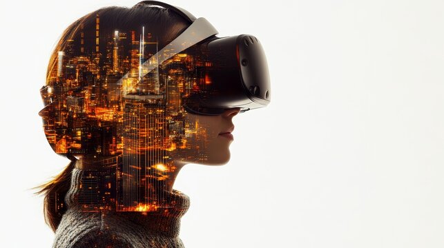 Double exposure of a person wearing a virtual reality headset and a digital cityscape, isolated on a white background, showcasing a futuristic lifestyle and technology concept.