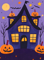 Fototapeta premium Whimsical Haunted House with Pumpkins and Stars on Purple Background