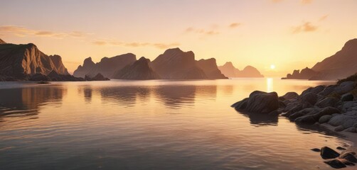 Fototapeta premium Minimalist panoramic view of a coastal landscape at sunrise with soft golden hues, sunrise, natural