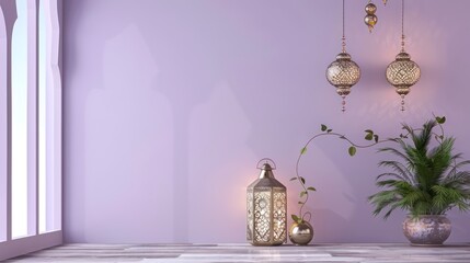 A modern Ramadan lamp glows softly against a pastel lavender background, blending tradition with contemporary elegance