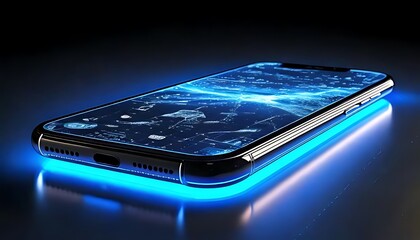 Glowing blue smartphone displays complex information network, representing advanced technology and connectivity.