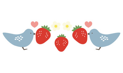 苺を食べる2羽の鳥のイラスト