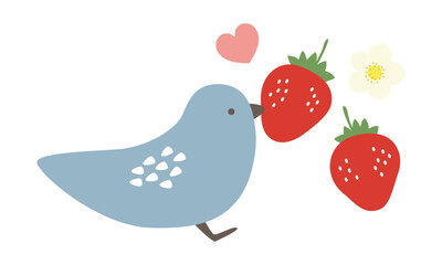 苺を食べる鳥のイラスト
