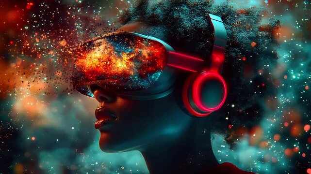 Futuristic woman wearing a glowing VR headset with cosmic explosion visuals and vibrant energy. Seamless looping time-lapse animation video background  
