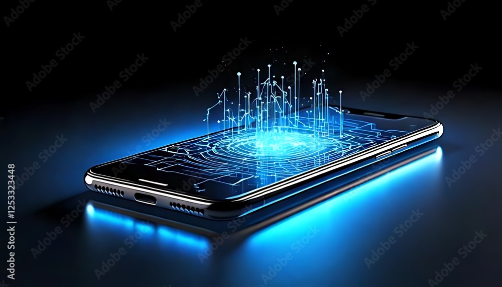 Poster lying smartphone, digital display radiates intricate, blue technical patterns with upward projection