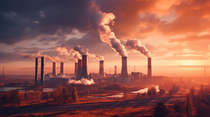 Smoking chimneys of the plant against the background of the morning sky. Industrial landscape. Smog and air pollution. Environmental problems