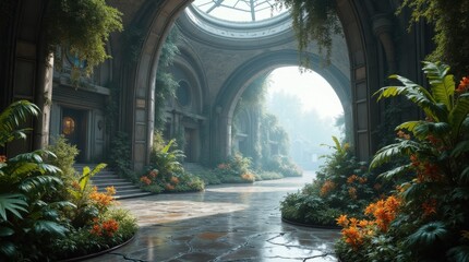 Fototapeta premium Futuristic Space Station Garden with Alien Flora