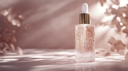Glowing skincare bottle with water droplets, symbolizing purity and rejuvenation in spa-inspired self-care.