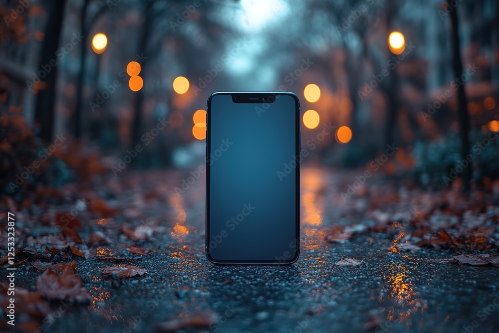 Poster sleek mobile device displayed on an autumn pathway with lights and foliage creates a moody atmospher