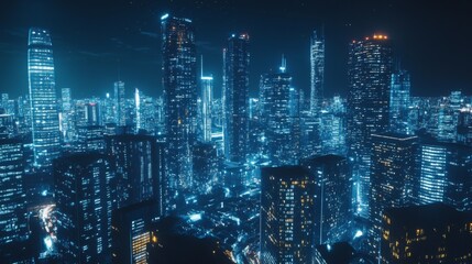 Nighttime view of a technologically advanced city with sleek, illuminated skyscrapers. Premium background for the latest technology needs. 