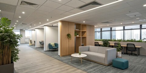 Naklejka premium Modern office space with a focus on comfort and relaxation, soft furnishings, contemporary interior design, industrial-chic elements