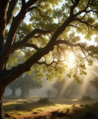 Fototapeta premium Morning sunlight illuminating oak tree branches and leaves, lush, nature photography, backlit foliage