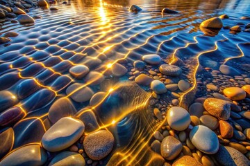 Fototapeta premium Golden Sunlight Illuminates Smooth River Rocks Submerged in Crystal Clear Water at Sunset