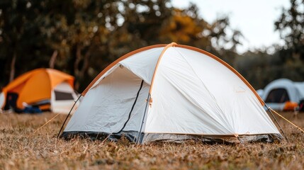Camping tent in autumn forest, group camping