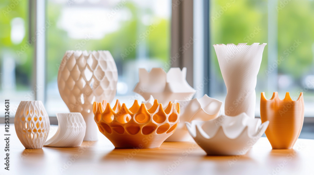 Poster innovative 3d printed vases in various shapes and colors displayed on table