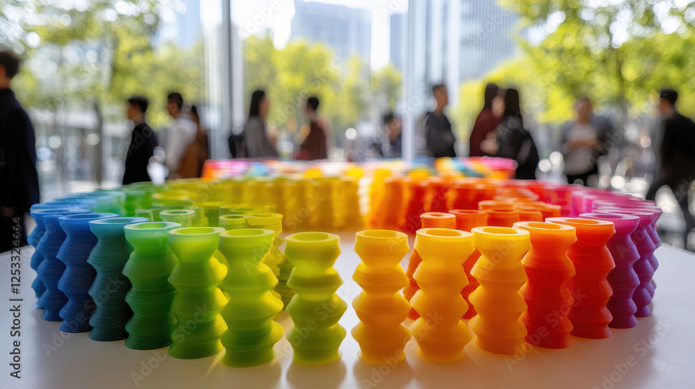 Poster vibrant display of 3d printed colorful objects in workshop setting, showcasing innovation and creati