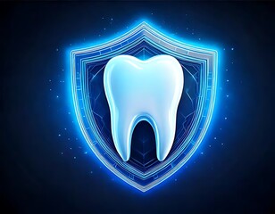Fototapeta premium Tooth shielded by glowing blue, technological design represents strength and dental safety.