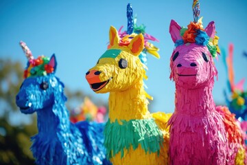 Colorful unicorn pi&ntilde;atas at a festive outdoor celebration under a clear blue sky