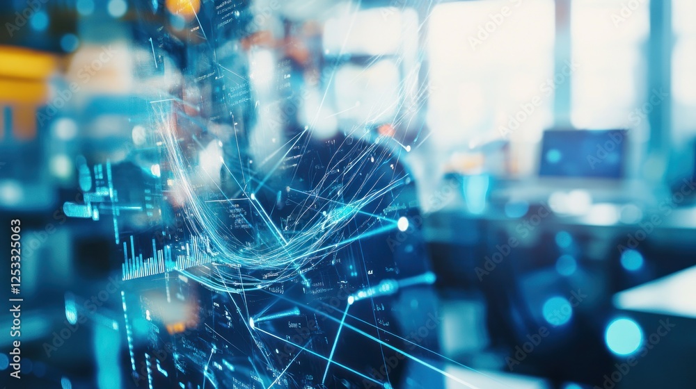 Poster abstract data streams and network connections overlaying modern office space