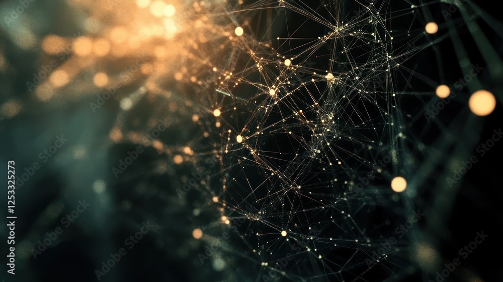 Poster abstract network of interconnected glowing nodes against a dark backdrop