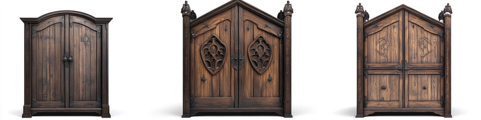 Medieval Gothic Wardrobe &ndash; Four Views of the Same Furniture Piece on White Background