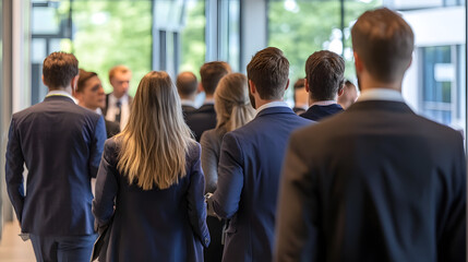 Corporate Business People Walking Away in Modern Office Hallway