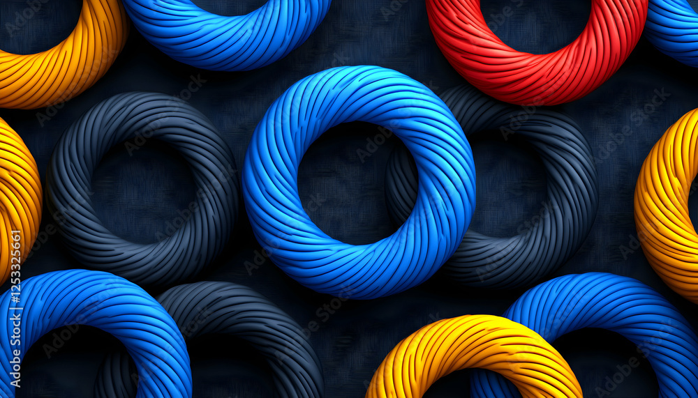 Poster abstract background of vibrant, textured rings in blue, red, and yellow, creating a dynamic and colo