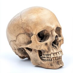 Naklejka premium Highly realistic human skull model for anatomical education and research, isolated on white background, ideal for science, medical studies, and educational concepts.