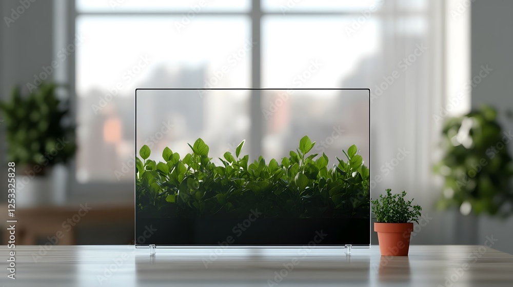 Poster transparent and ultra-thin digital screen on desk displaying 3d content with reflections