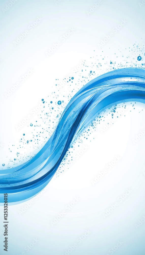 Poster abstract flowing blue wave design with smooth lines, splashes, and bubbles on gradient background