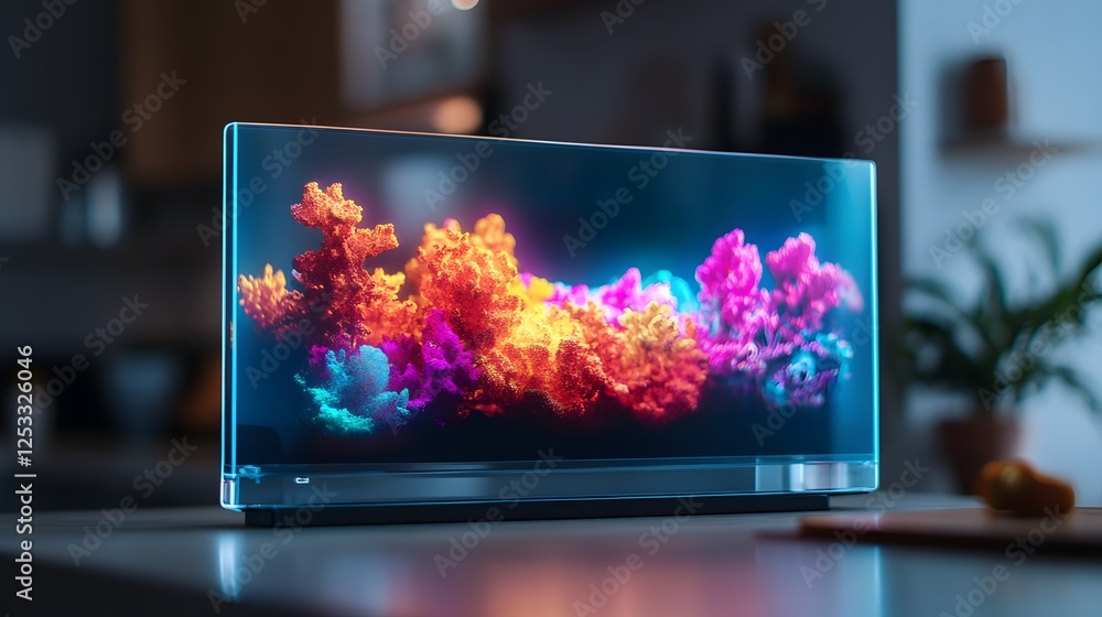 Aufkleber transparent foldable digital screen displaying vivid 3d content with light reflection on desk