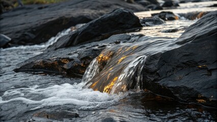 Naklejka premium Obsidian flows like molten glass its dark surface reflecting subtle hints of silver and gold, shiny formation, mineralogy