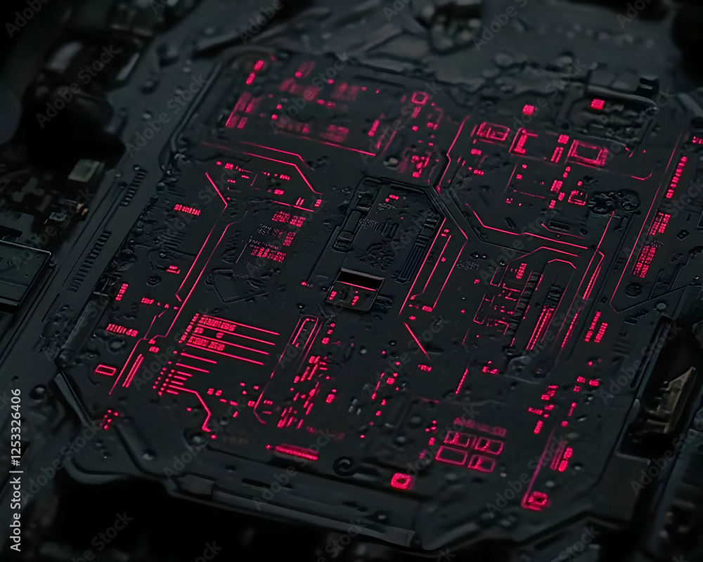 Poster abstract close-up of a circuit board with glowing red lines, showcasing intricate technological deta