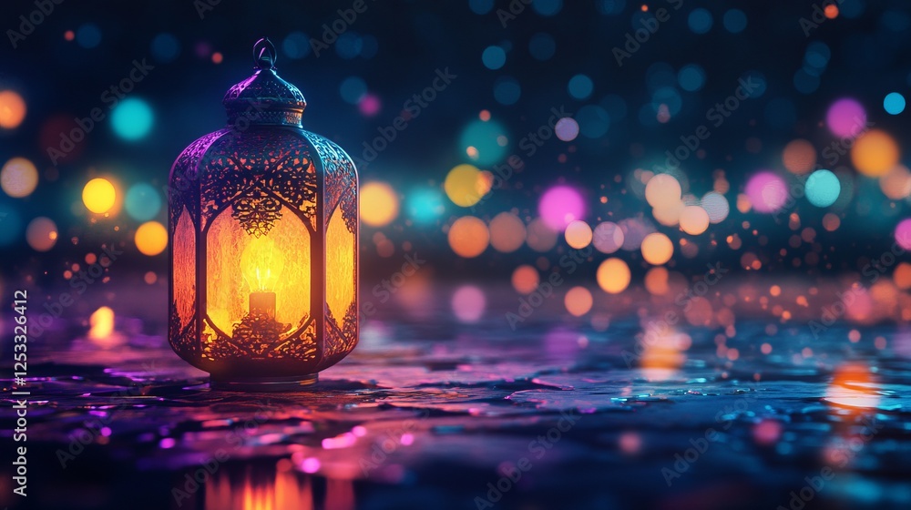 Poster glowing ramadan lantern with colorful lights at night, sparkling bokeh on ground creating a warm fes