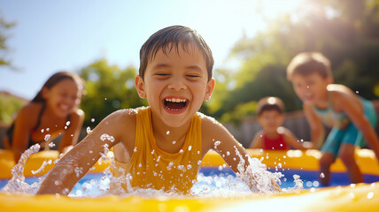 young boy joyfully splashes in inflatable pool with friends, enjoying sunny day filled with laughter and fun. scene captures essence of summer playtime