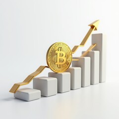 Golden Bitcoin Coins with Growing Graphs and Arrows Representing Cryptocurrency Market Growth, Financial Investment Success, Blockchain Technology, and Digital Currency Trading on White Background
