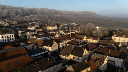 Fototapeta premium Vue sur un village avec des vignes et une forêt en arrière-plan. En saison hivernale avec le soleil qui se lève sur le village.