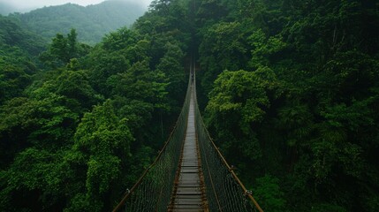 Obraz premium Rainforest Suspension Bridge, Misty Mountain Background, Hiking Adventure
