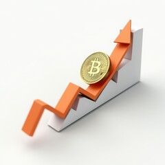 Golden Bitcoin Coins with Growing Graphs and Arrows Representing Cryptocurrency Market Growth, Financial Investment Success, Blockchain Technology, and Digital Currency Trading on White Background