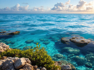 Fototapeta premium Tranquil landscape photo, uploaded as an AI-generated image. Turquoise ocean waves break over shallow, rocky outcrops near the shore under a partly cloudy sky.