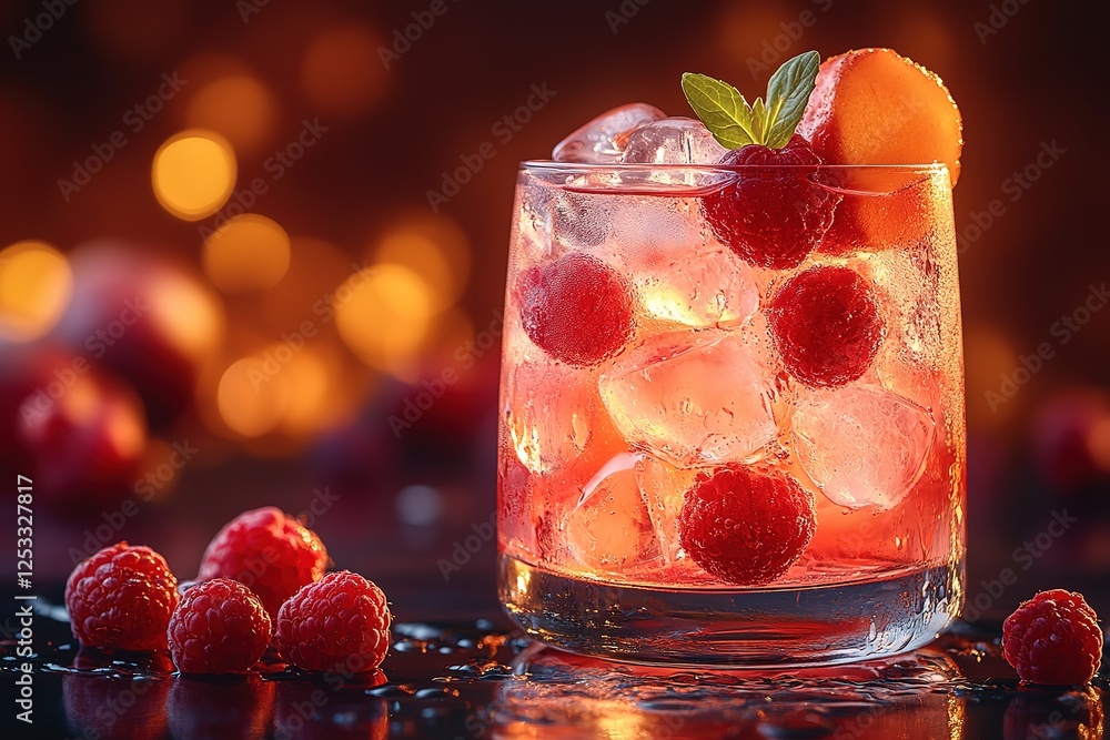 Poster refreshing raspberry cocktail: a vibrant cool drink with fresh raspberries and a hint of citrus on a