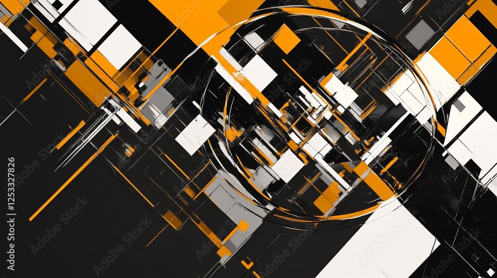 Poster abstract geometric pattern with overlapping shapes in orange black and white