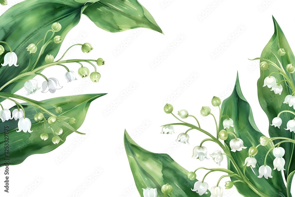 Poster on the right is a botanical watercolor illustration with lilies of the valley with white flowers and