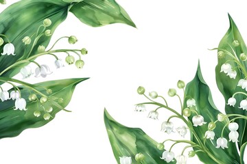 on the right is a botanical watercolor illustration with lilies of the valley with white flowers and green leaves on a white background with free space for text insertion