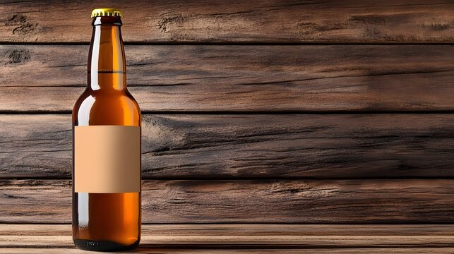 Bottle of Craft Beer with Personalized Label on Rustic Wooden Table with Copy Space